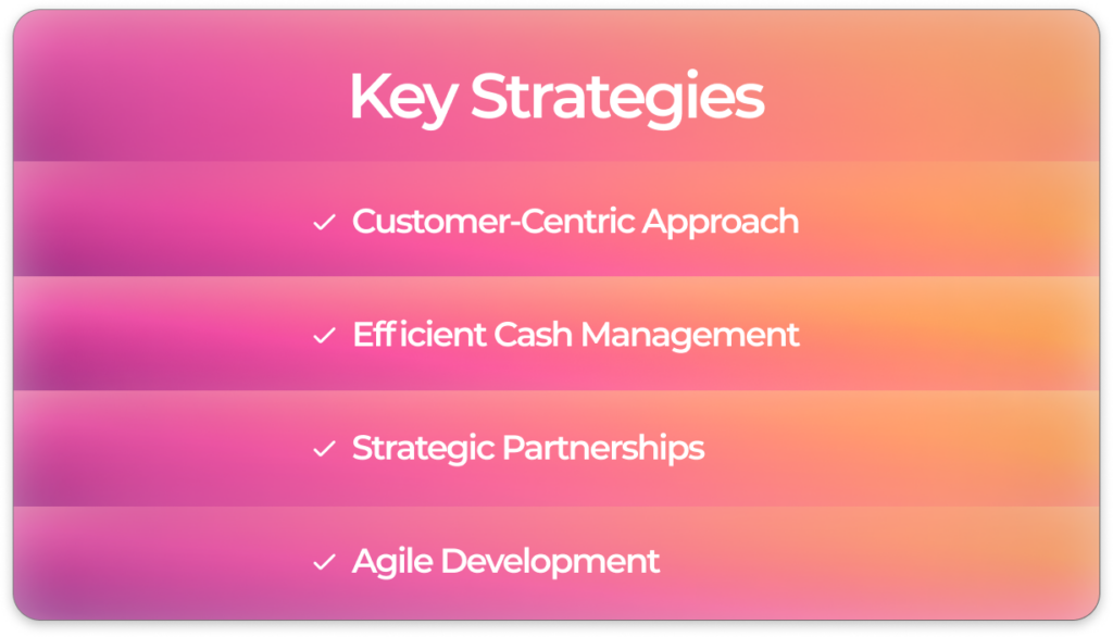 Key strategies include:

Customer-Centric Approach: Prioritize user feedback.

Efficient Cash Management: Monitor and control expenses.

Strategic Partnerships: Collaborate with industry leaders.

Agile Product Development: Rapid iteration for market needs.

Regulatory Compliance: Stay abreast of changing laws.

Technological Advancements: Embrace cutting-edge solutions.